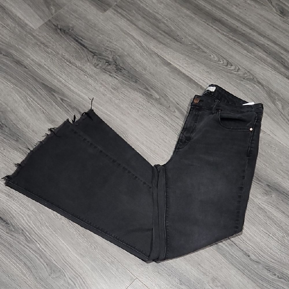 Black Washed Unpublished Raw Hem Flare Jeans